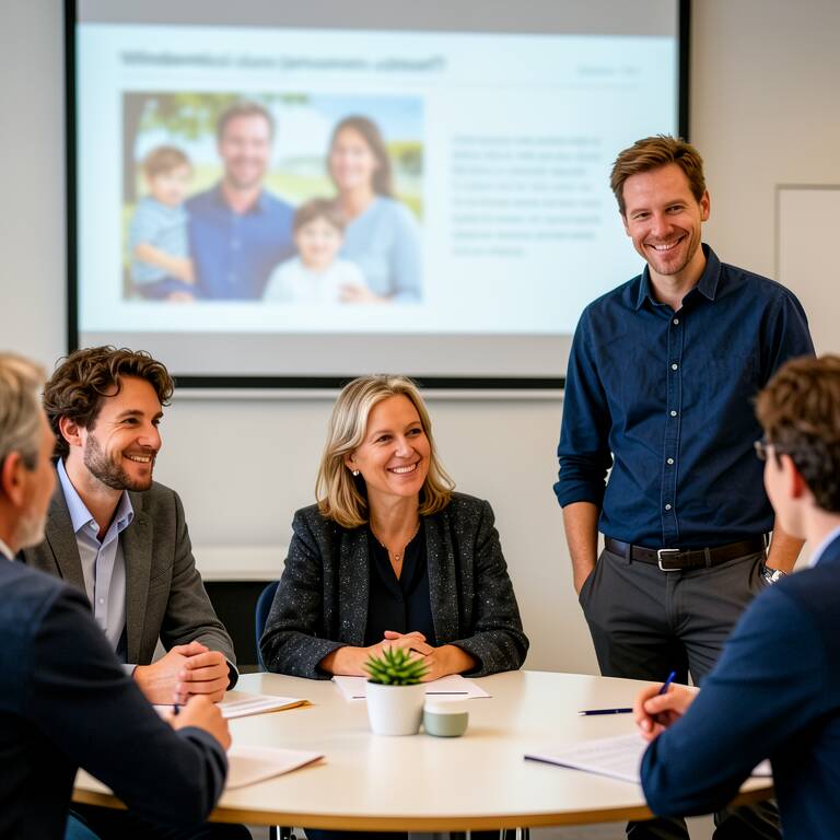 Fachtag, Menschen sitzen am Tisch, eine Beamerpräsentation im Hintergrund